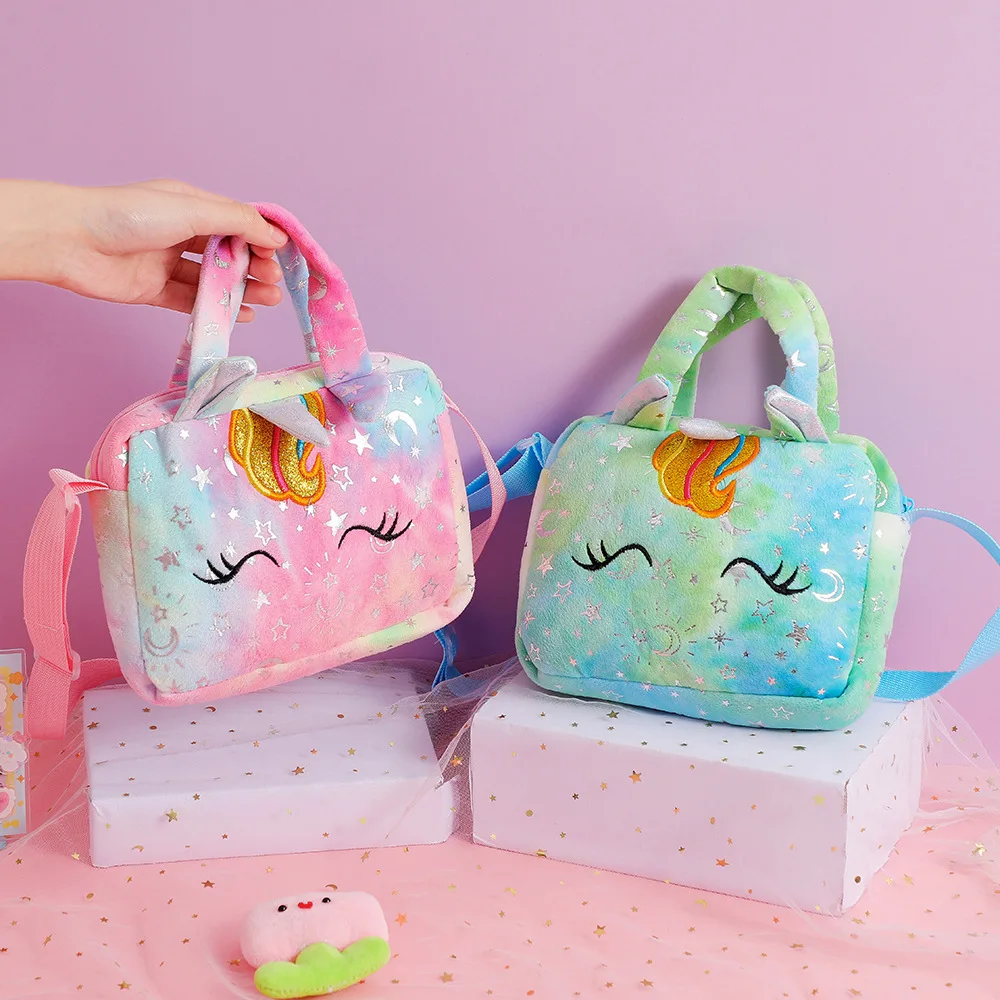 Baby Stuff Fashion Bag Unicorn Tie-Dye Plush Shoulder Bag Cute Shoulder Storage Bag Colorful Girly Crossbody Bag