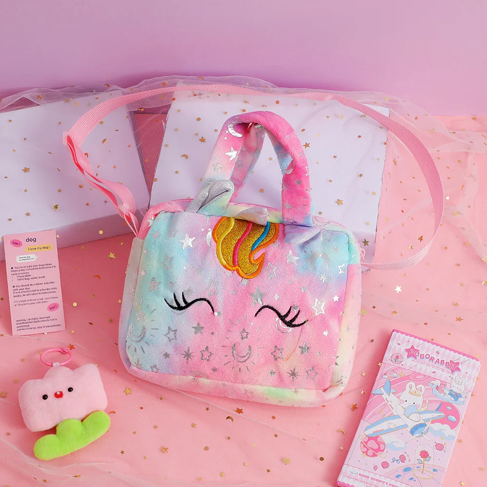 Baby Stuff Fashion Bag Unicorn Tie-Dye Plush Shoulder Bag Cute Shoulder Storage Bag Colorful Girly Crossbody Bag