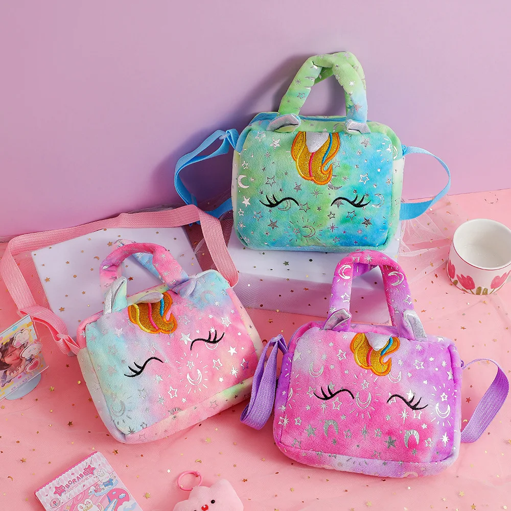 Baby Stuff Fashion Bag Unicorn Tie-Dye Plush Shoulder Bag Cute Shoulder Storage Bag Colorful Girly Crossbody Bag