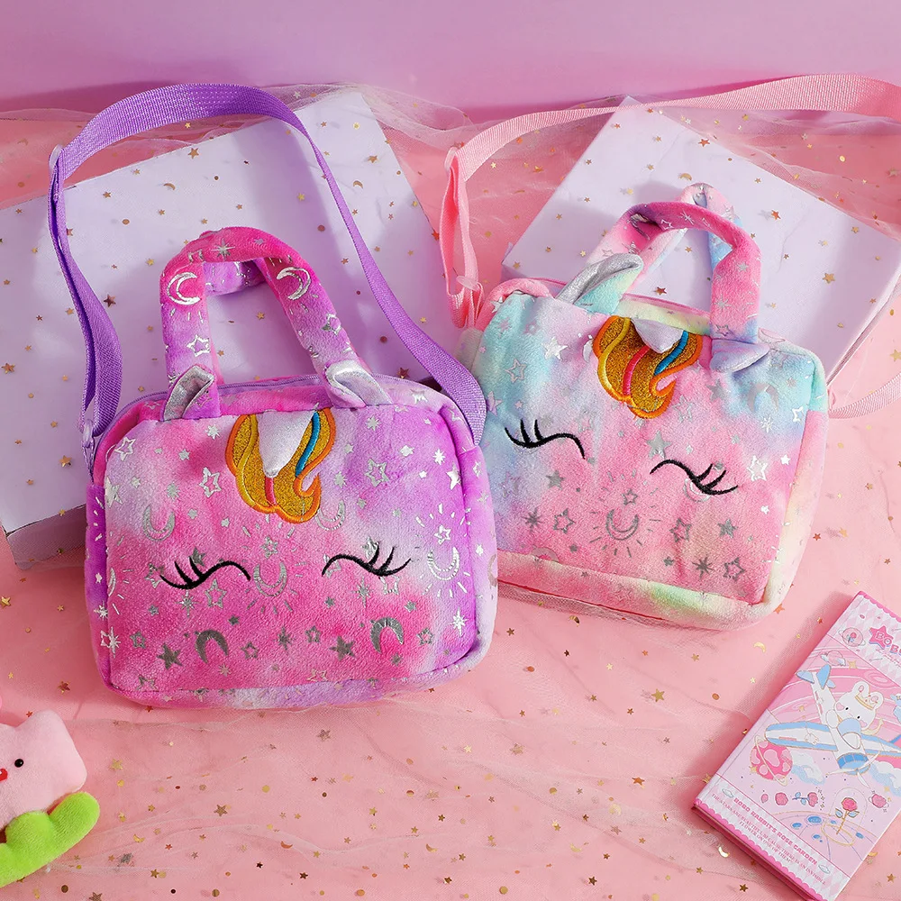 Baby Stuff Fashion Bag Unicorn Tie-Dye Plush Shoulder Bag Cute Shoulder Storage Bag Colorful Girly Crossbody Bag