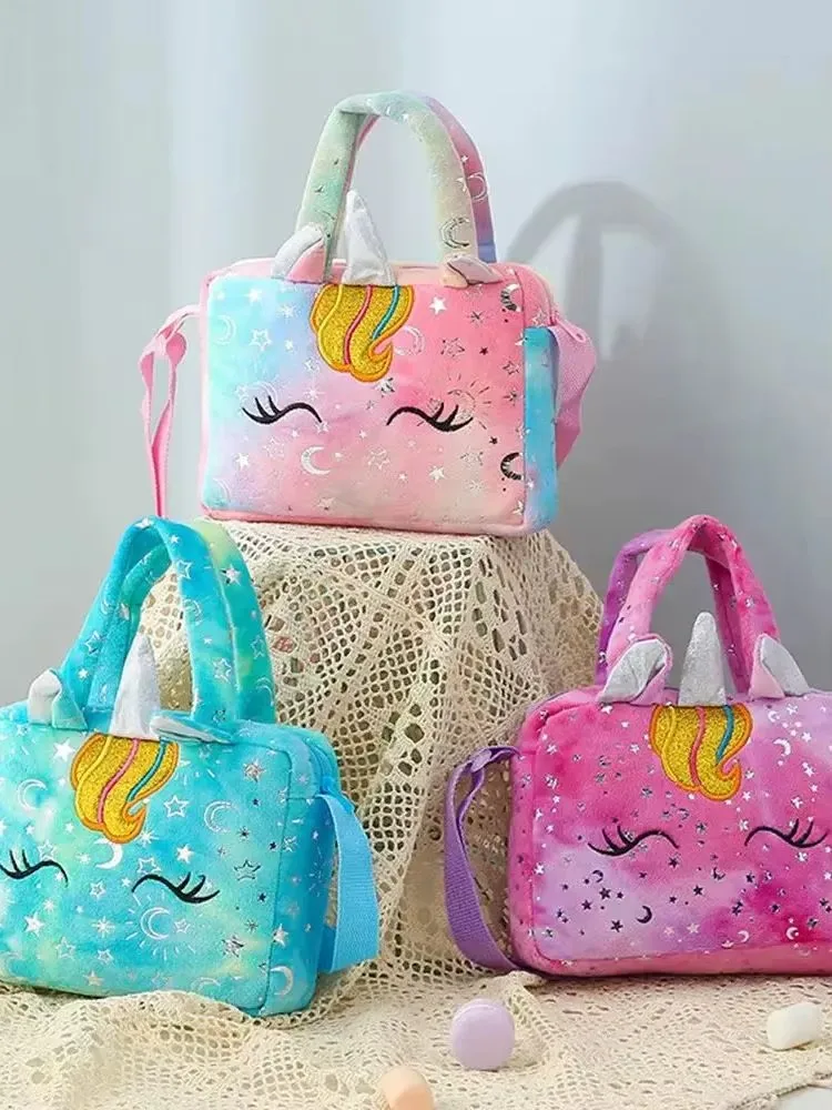 Baby Stuff Fashion Bag Unicorn Tie-Dye Plush Shoulder Bag Cute Shoulder Storage Bag Colorful Girly Crossbody Bag