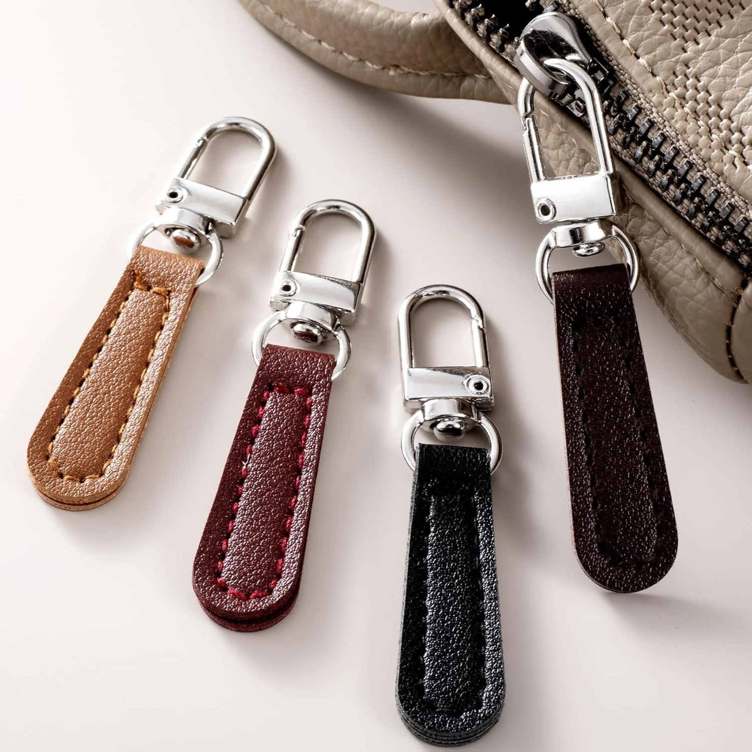 4pcs PU Leather Zipper Pull Replacement, Pull Zipper Tabs Fasteners for Bags Luggage Purses Backpacks