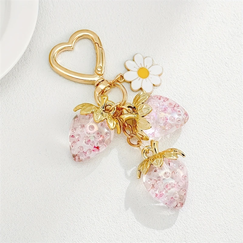 Cute Strawberry Bag Pendant Keychain Heart Flower Daisy Key Chain for Women Girs Bag Pendant Accessories Gift