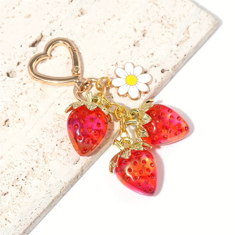 Cute Strawberry Bag Pendant Keychain Heart Flower Daisy Key Chain for Women Girs Bag Pendant Accessories Gift