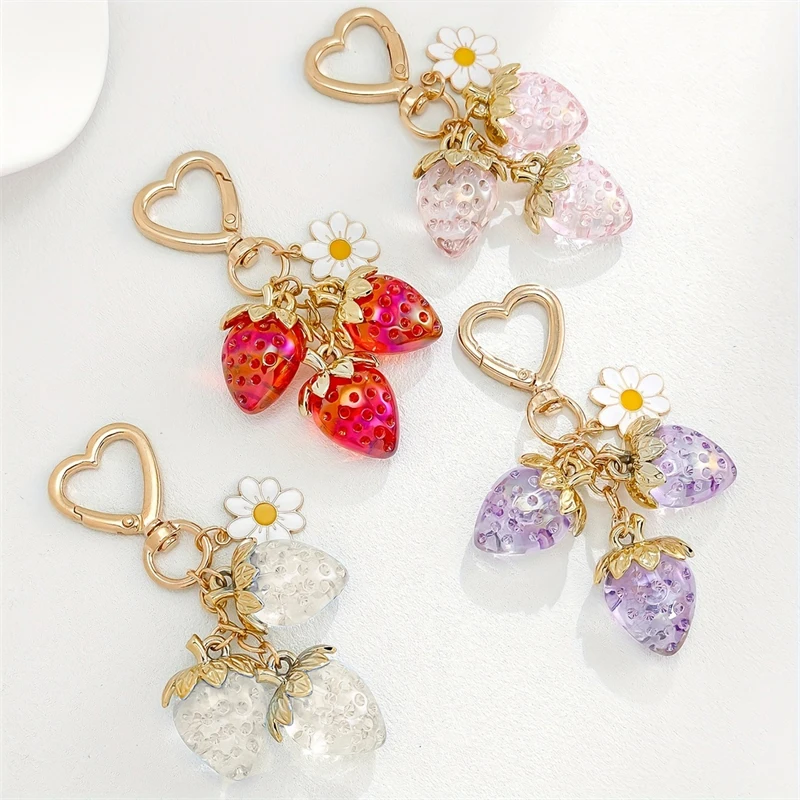 Cute Strawberry Bag Pendant Keychain Heart Flower Daisy Key Chain for Women Girs Bag Pendant Accessories Gift
