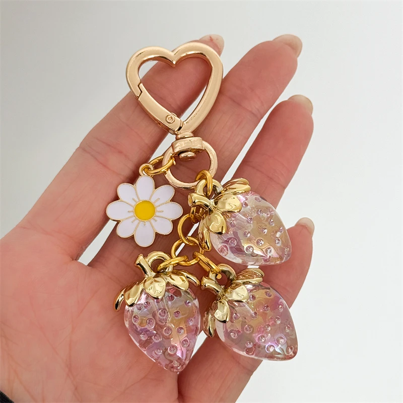 Cute Strawberry Bag Pendant Keychain Heart Flower Daisy Key Chain for Women Girs Bag Pendant Accessories Gift