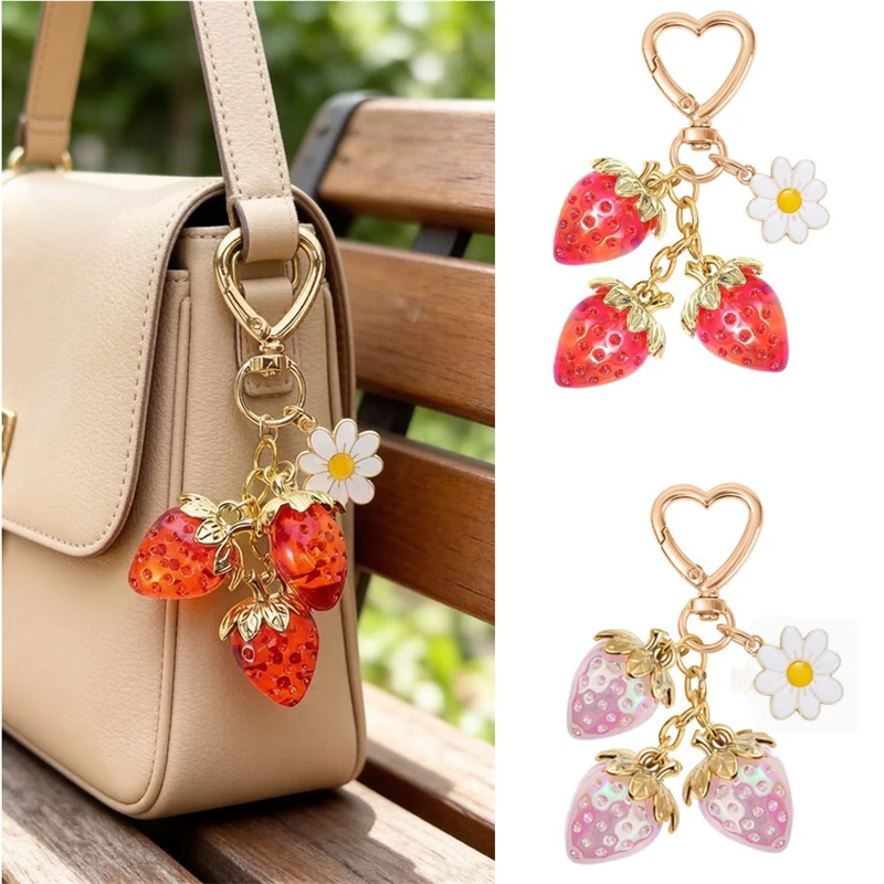 Cute Strawberry Bag Pendant Keychain Heart Flower Daisy Key Chain for Women Girs Bag Pendant Accessories Gift