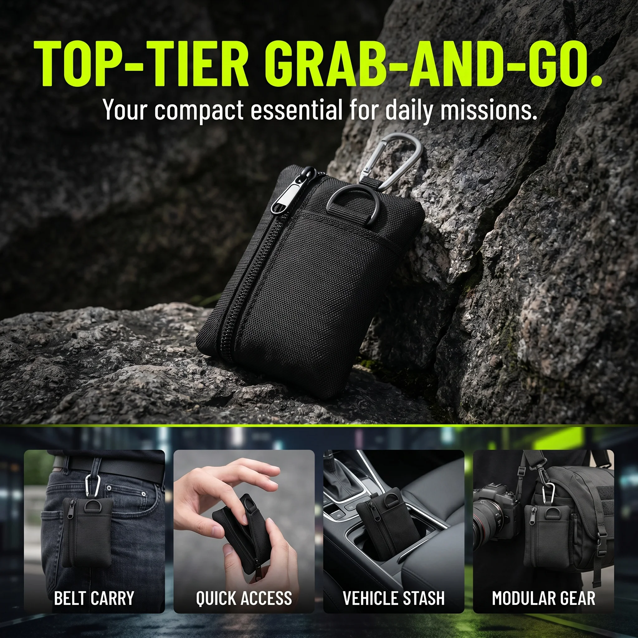 Waterproof Lightweight Oxford Mini Tactical Pouch Carabiner Molle Zipper Key Coin Card Bag Outdoor Hiking Men Travel Wallet