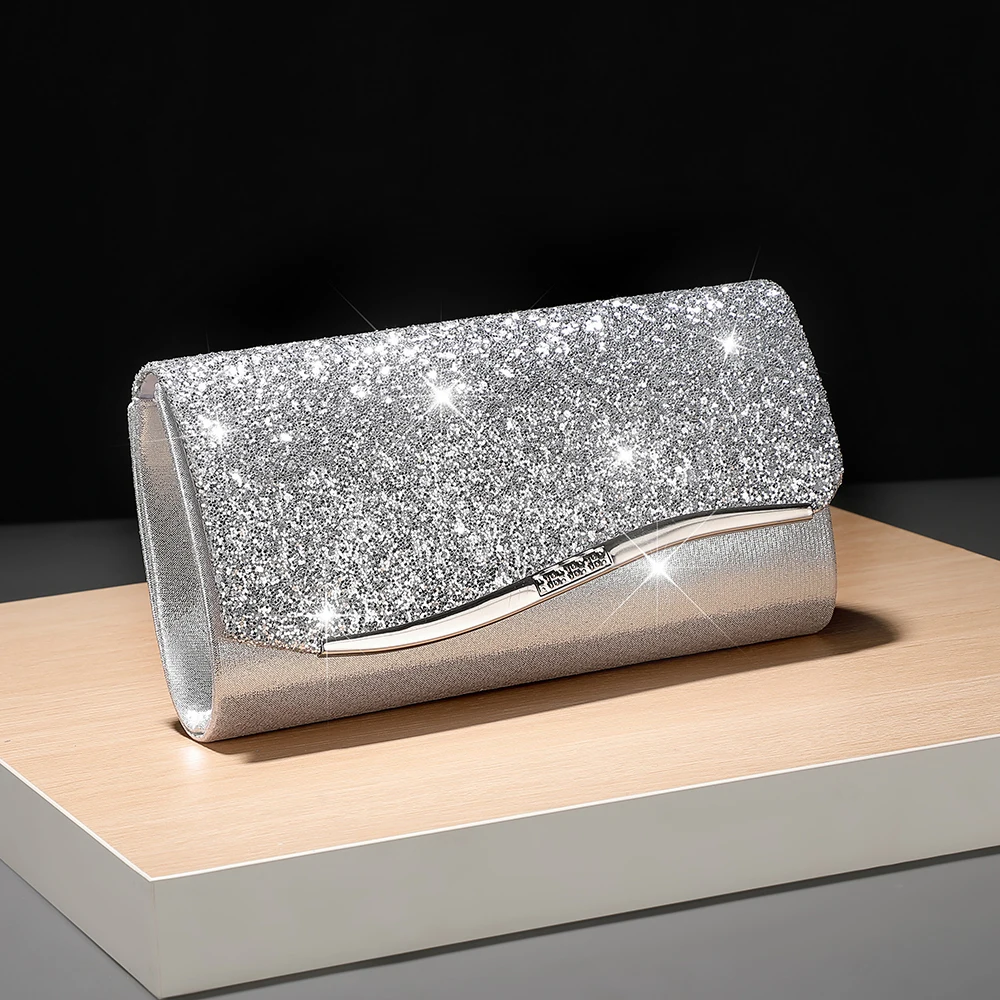 New metallic sequin evening bag - elegant lady-style banquet party dress handbag - fashionable chain strap cross-body bag