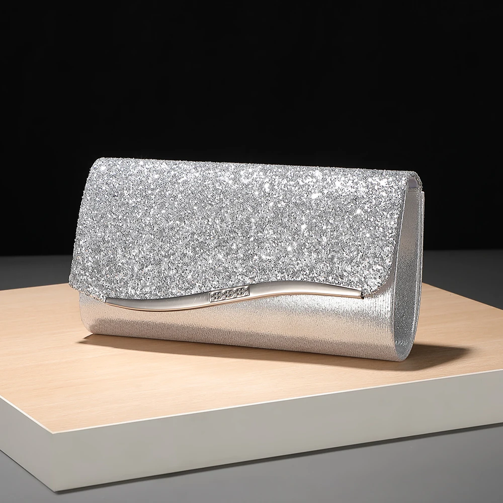 New metallic sequin evening bag - elegant lady-style banquet party dress handbag - fashionable chain strap cross-body bag