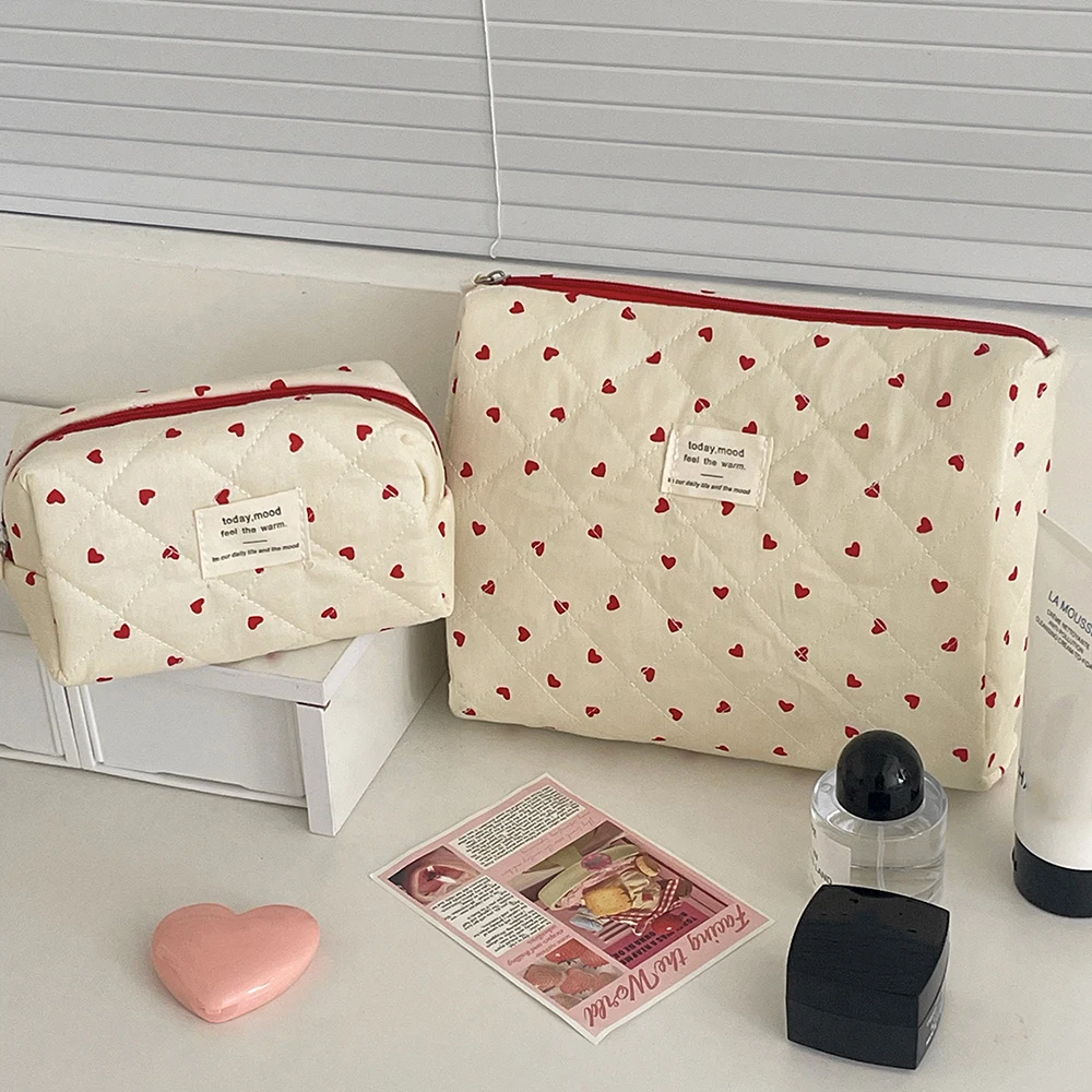 Fashion Ins Heart Women Quilting Makeup Bag Large Capacity Toiletry Cosmetic Storage Pouch Handbag Ladies Zipper Makeup Bag
