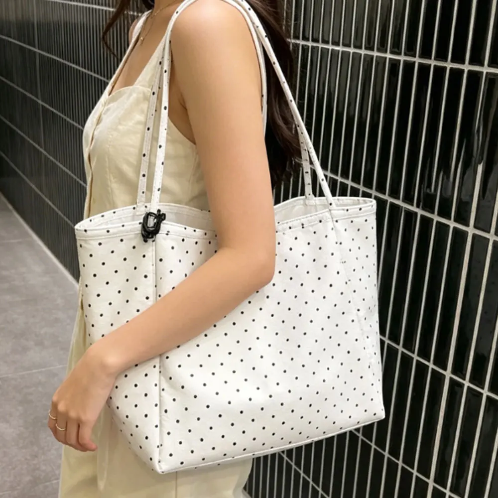 Large-Capacity New Polka-Dot Canvas Bag, Korean Style Girl's Korean-Style Student Tote Bag, Versatile Commuting Shoulder Bag