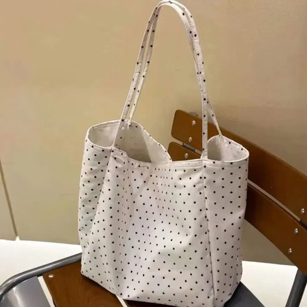 Large-Capacity New Polka-Dot Canvas Bag, Korean Style Girl's Korean-Style Student Tote Bag, Versatile Commuting Shoulder Bag