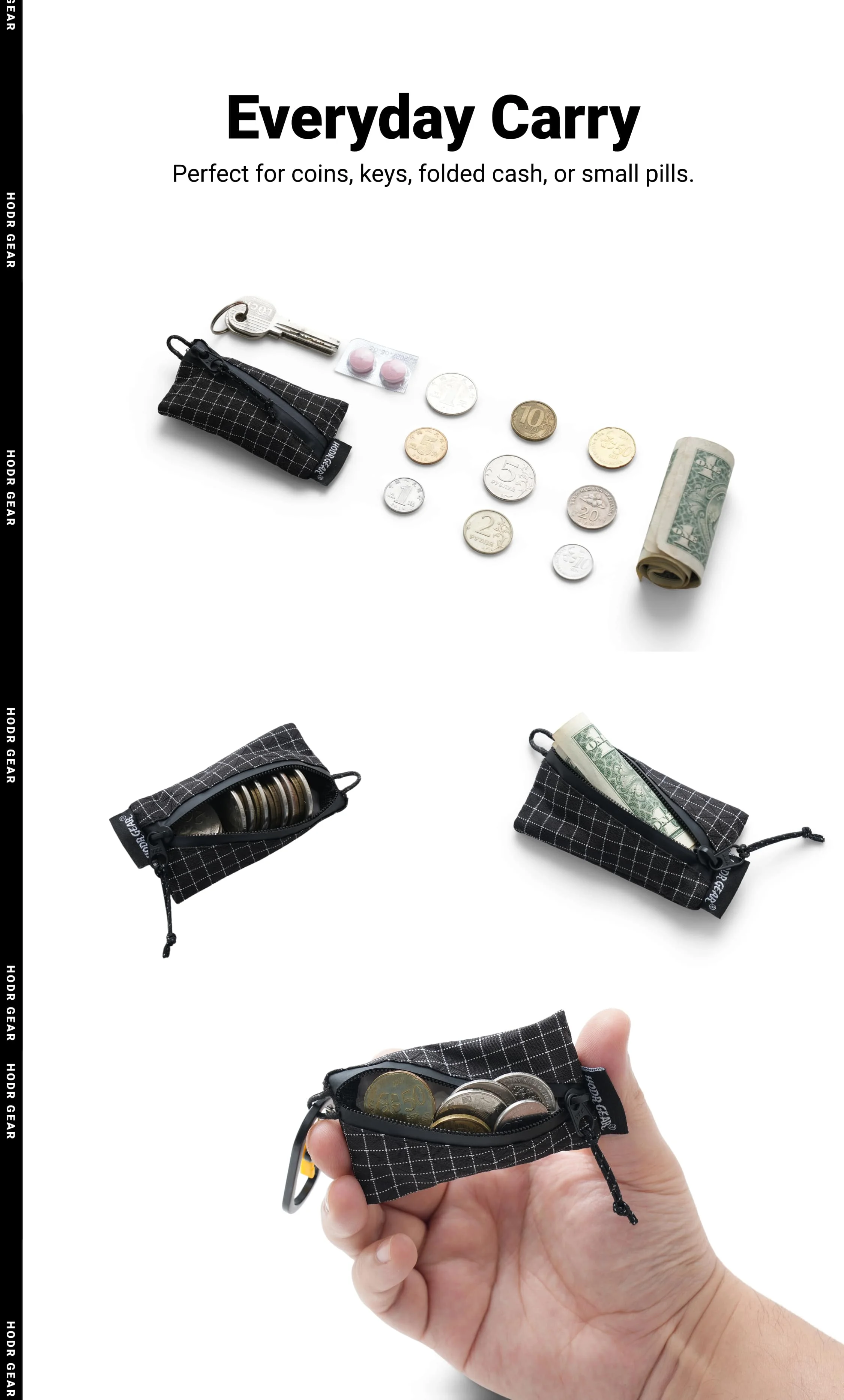 [HODRGEAR] Trail Coin Pouch Ultralight 5.8g UHMWPE Mini Upcycled Gridstop YKK Zipper D-Ring EDC Holder for Backpacking Travel