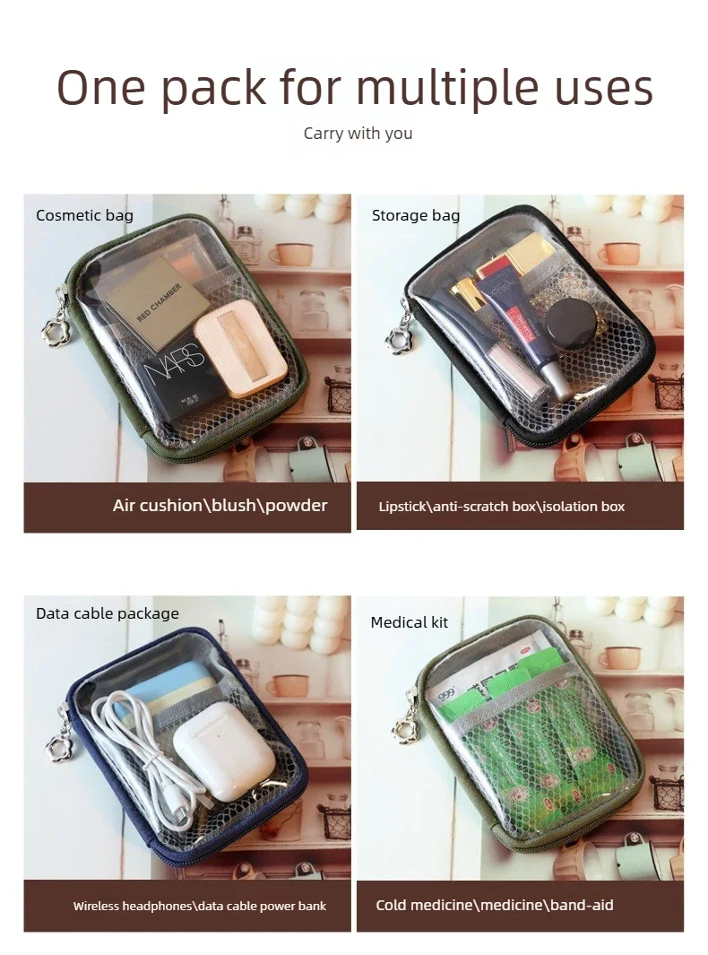 NEW Portable Lipstick Transparent Touch-Up Cosmetic Pouch Cosmetic Organizer Travel Bluetooth Headphone Charging Cable Pouch