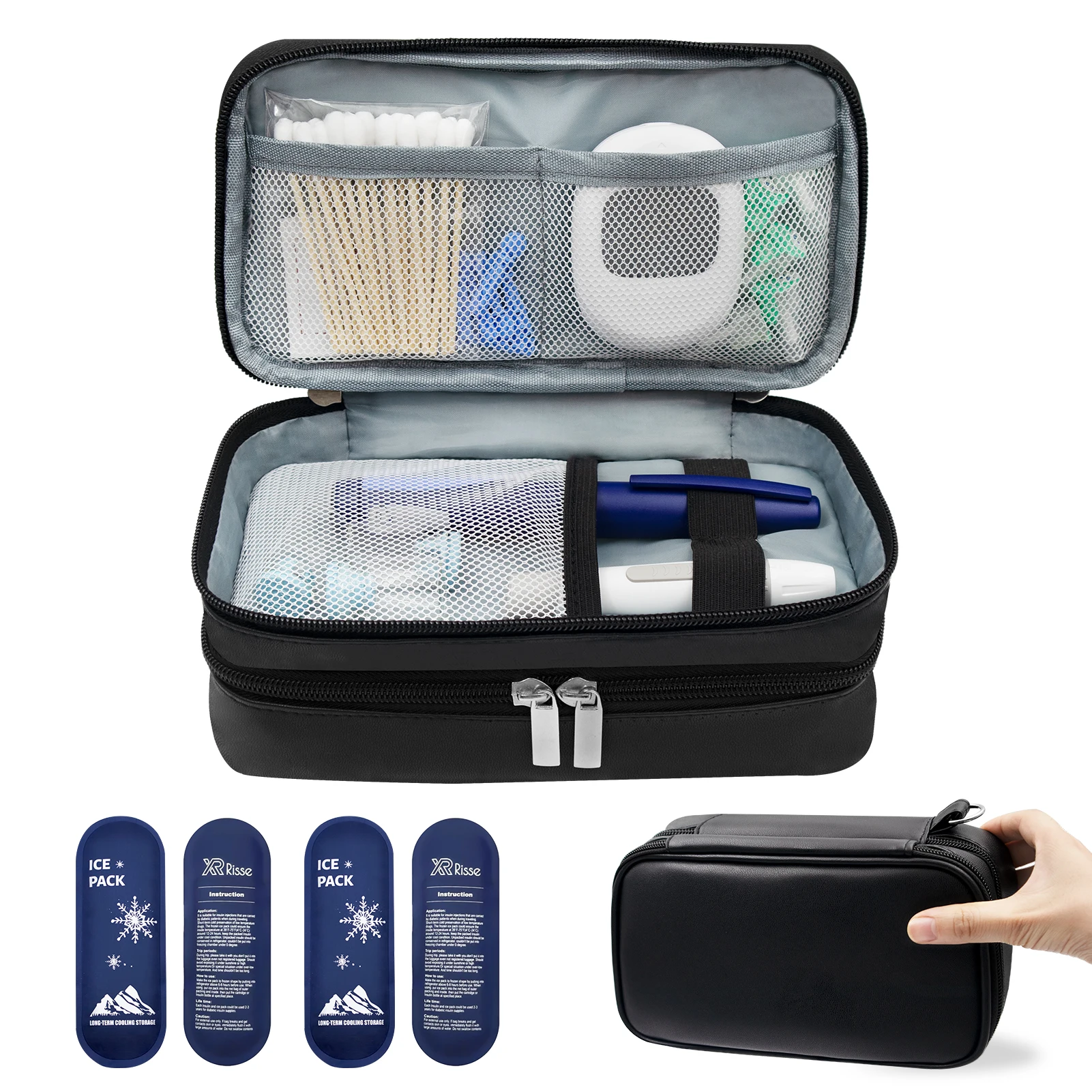 Insulin Bag for Diabetics-Pu Leather Double Layer Case for Insulin Pens, Test Kit, Travel Medical Organizer with Handle