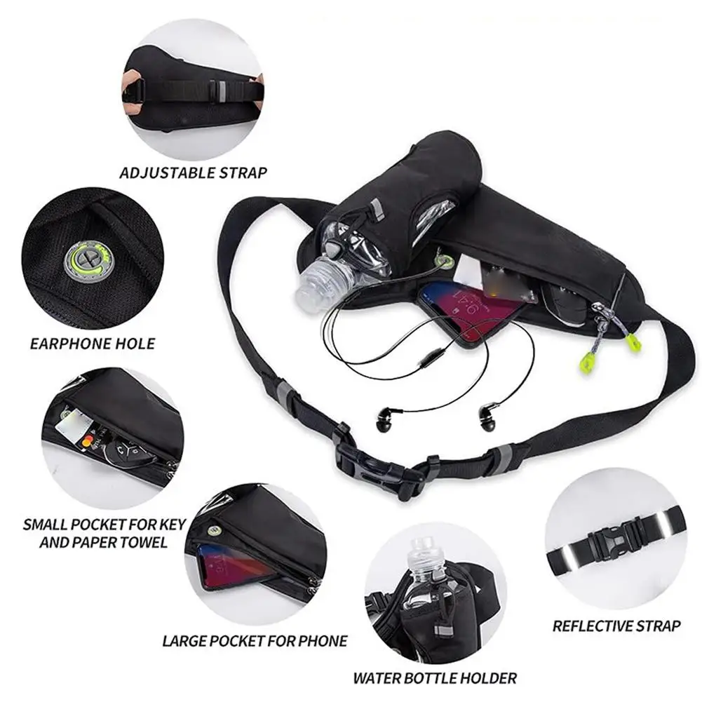 Adjustable Sports Fanny Pack with Water Bottle Holder Multifunctional Outdoor Running Waist Bag for Hiking Cycling Fitness