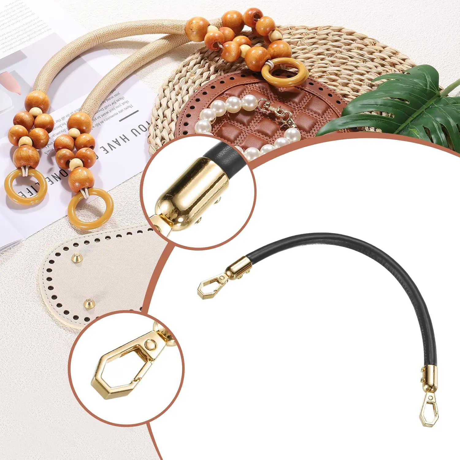 Crochet Bag Making Kit 8.7 X 4 Inch Oval PU Leather Bag Bottom With 2Pcs 11.8' Bag Handles And 4Pcs Buckles For DIY Crochet Bag