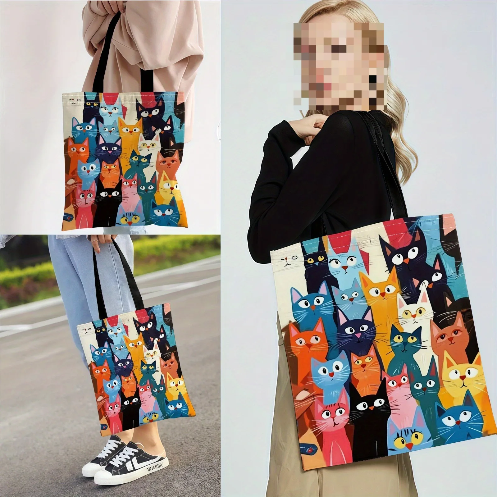 Colorful Kitten Printed Casual Handbag, Reusable Fashionable Backpack, Multifunctional Handbag, Printed Shopping Bag 40x40cm