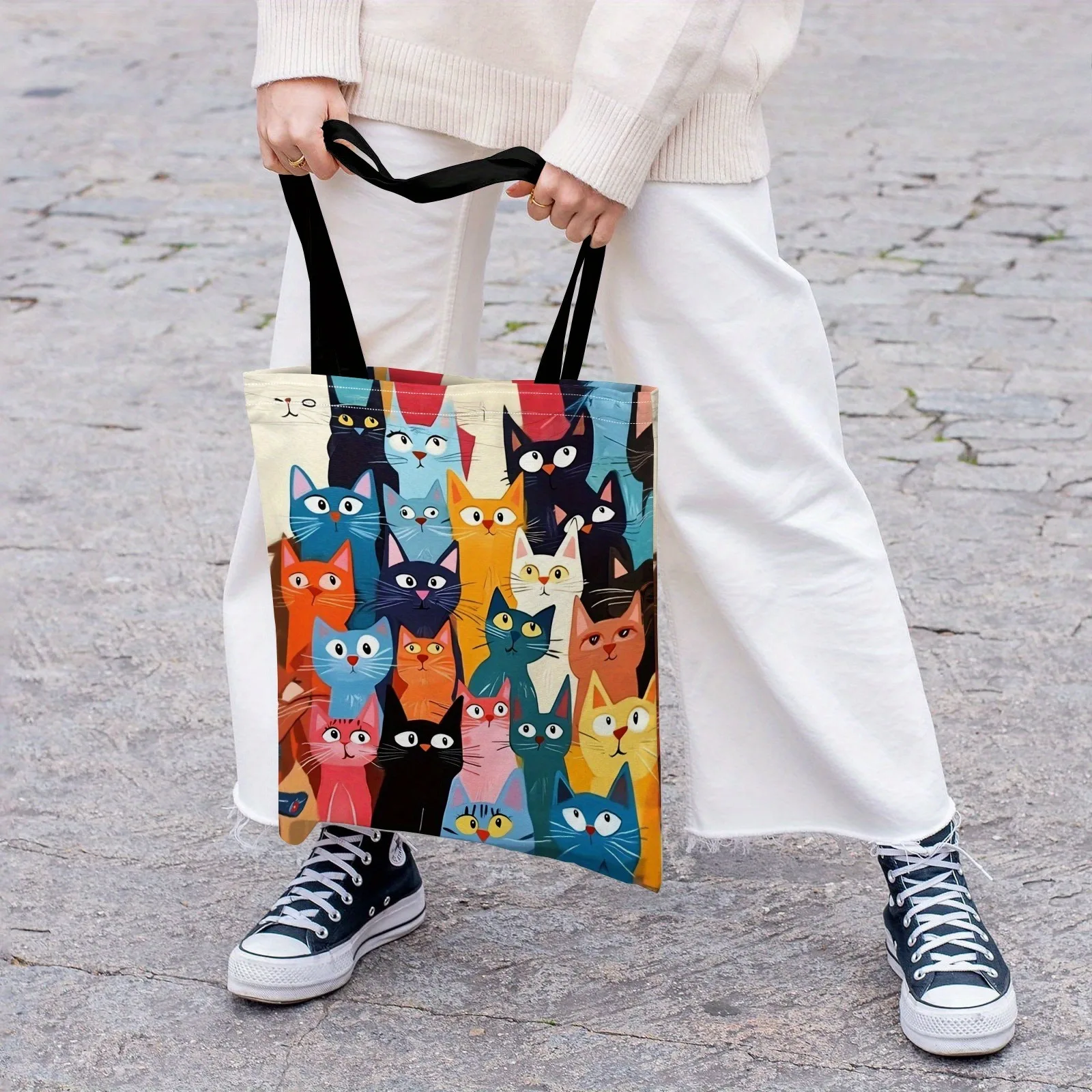Colorful Kitten Printed Casual Handbag, Reusable Fashionable Backpack, Multifunctional Handbag, Printed Shopping Bag 40x40cm