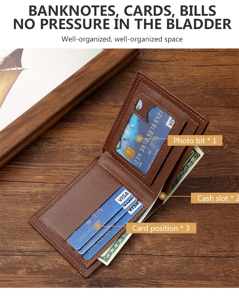 Men's Short Frosted Leather Wallet, Multi-Slot Coin Pocket Photo Holder Small Men's Wallet