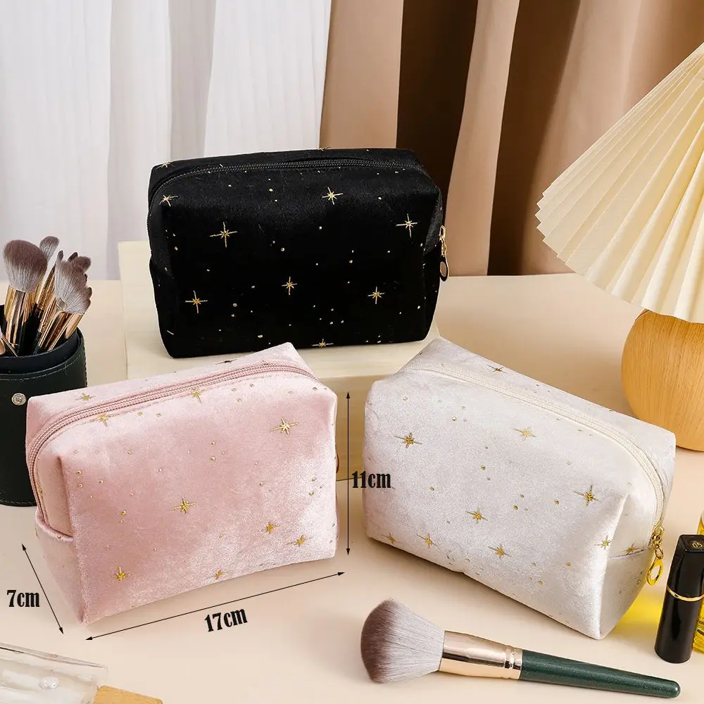 High Quality Portable Cosmetic Bag Hot stamping star pattern with Zipper Make Up Storage Bag Soft Velvet Women Toiletry Bag
