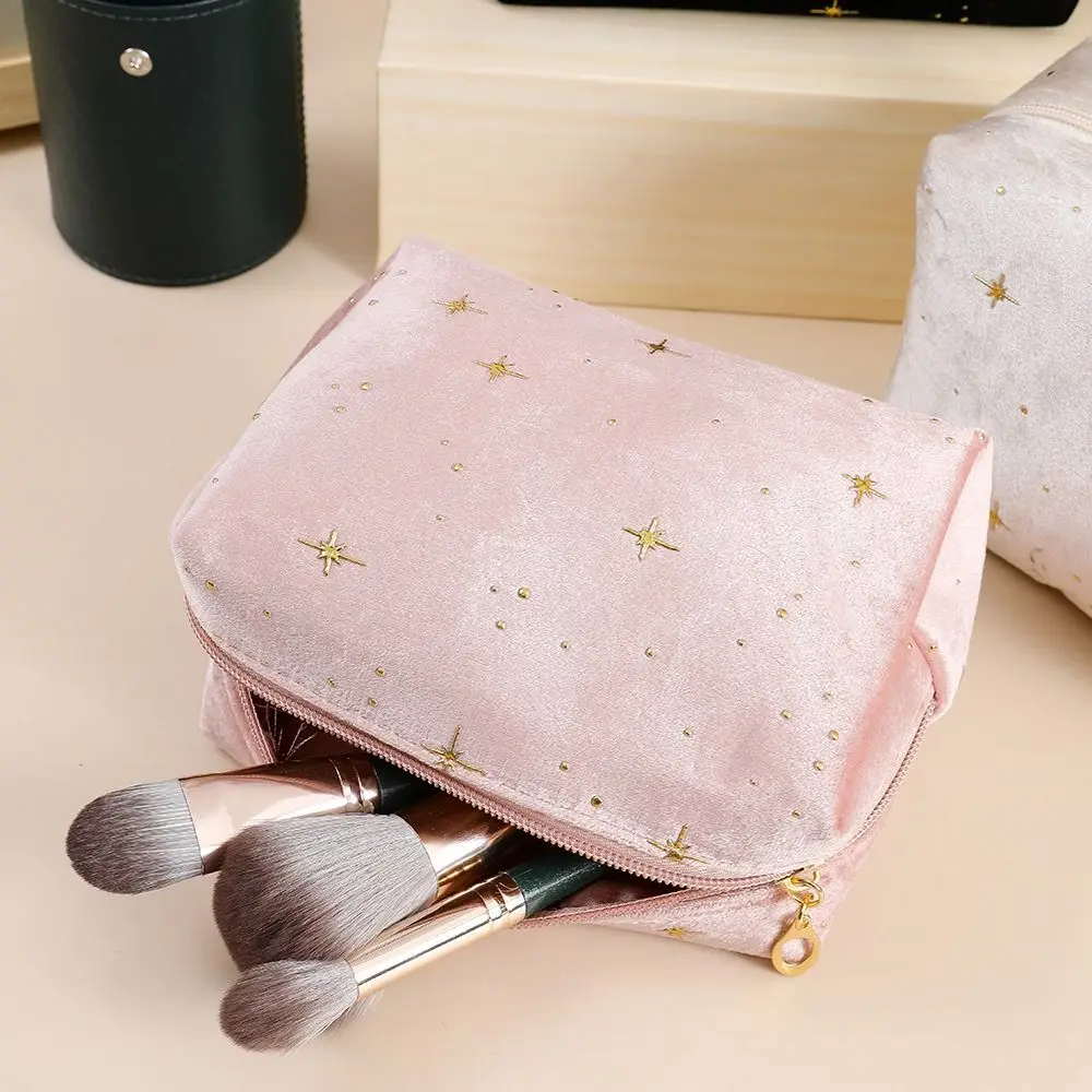 High Quality Portable Cosmetic Bag Hot stamping star pattern with Zipper Make Up Storage Bag Soft Velvet Women Toiletry Bag