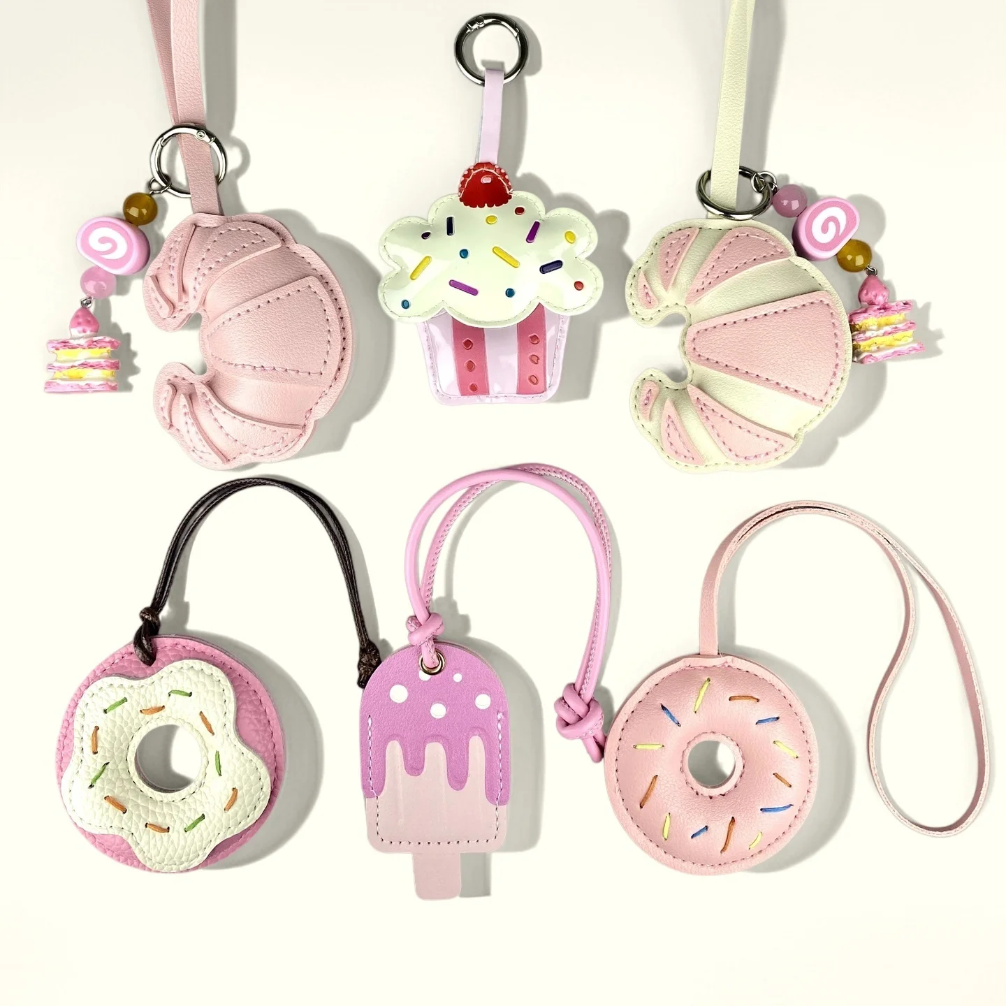 Pink Sweet Dessert Bag Charms-PU Leather Crossiant Donut Ice Cream Bag Car Keychain Home Decor, Sweet Gift for Girls-Y2K