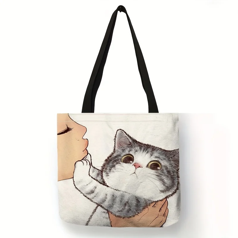 Cute Cartoon Cat Print Tote Bag, Large Capacity Shoulder Bag, Women's Casual Handbag For Work School Shopping