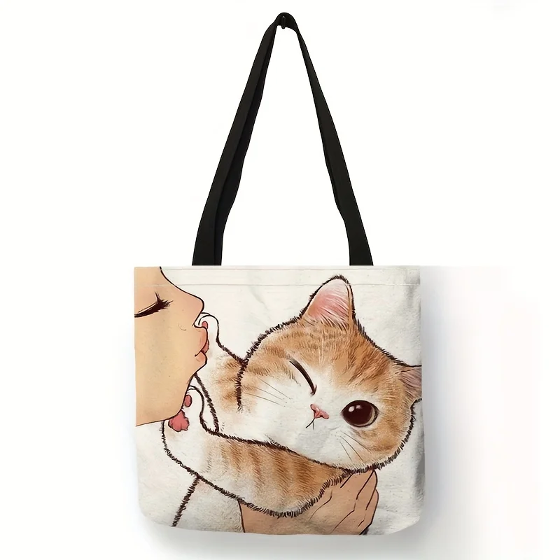 Cute Cartoon Cat Print Tote Bag, Large Capacity Shoulder Bag, Women's Casual Handbag For Work School Shopping
