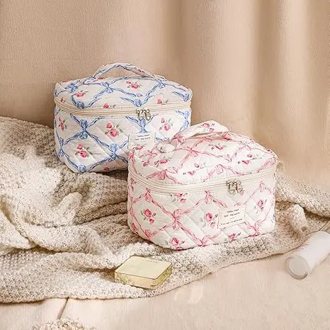 Fashion Vintage Flower Women Makeup Bag Cotton Tote Portable Female Cosmetic Storage Handbag Travel Organizer Zipper Quilted Bag