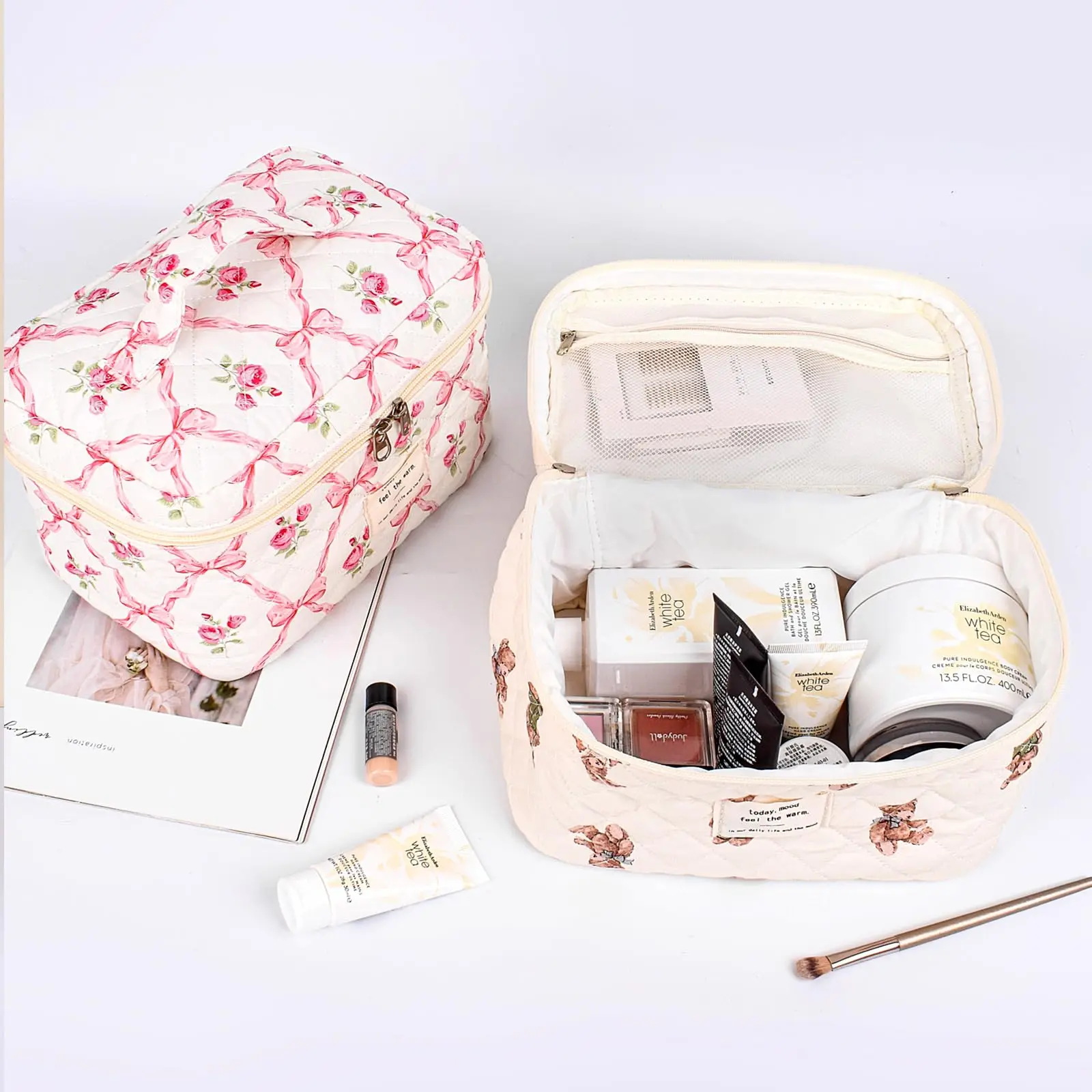 Fashion Vintage Flower Women Makeup Bag Cotton Tote Portable Female Cosmetic Storage Handbag Travel Organizer Zipper Quilted Bag