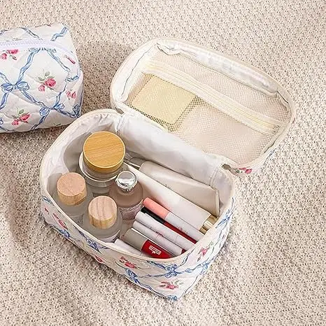 Fashion Vintage Flower Women Makeup Bag Cotton Tote Portable Female Cosmetic Storage Handbag Travel Organizer Zipper Quilted Bag