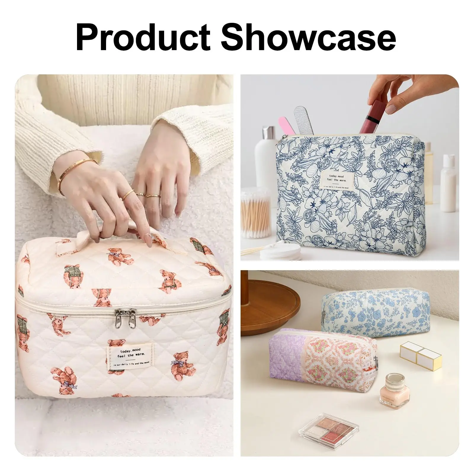 Fashion Vintage Flower Women Makeup Bag Cotton Tote Portable Female Cosmetic Storage Handbag Travel Organizer Zipper Quilted Bag