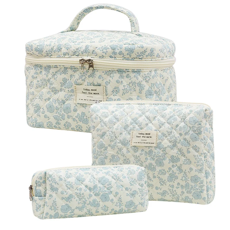 Fashion Vintage Flower Women Makeup Bag Cotton Tote Portable Female Cosmetic Storage Handbag Travel Organizer Zipper Quilted Bag