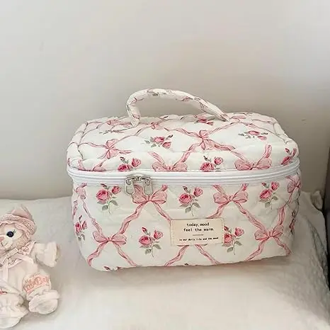 Fashion Vintage Flower Women Makeup Bag Cotton Tote Portable Female Cosmetic Storage Handbag Travel Organizer Zipper Quilted Bag