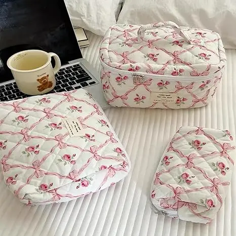 Fashion Vintage Flower Women Makeup Bag Cotton Tote Portable Female Cosmetic Storage Handbag Travel Organizer Zipper Quilted Bag