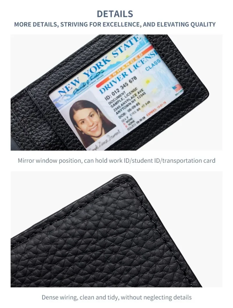 Thin Minimalist Bifold Design Driver's Licence Cover Genuine Leather ID Badge Window Slot Credit and Debit Vaccinum Cards Holder