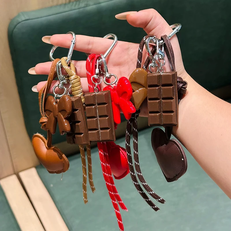 INS Style Kawaii Korea Trendy Heart Leather Keychain Bag Package Decor Chocolate Pendant Accessories Creative Key Chain Trendy
