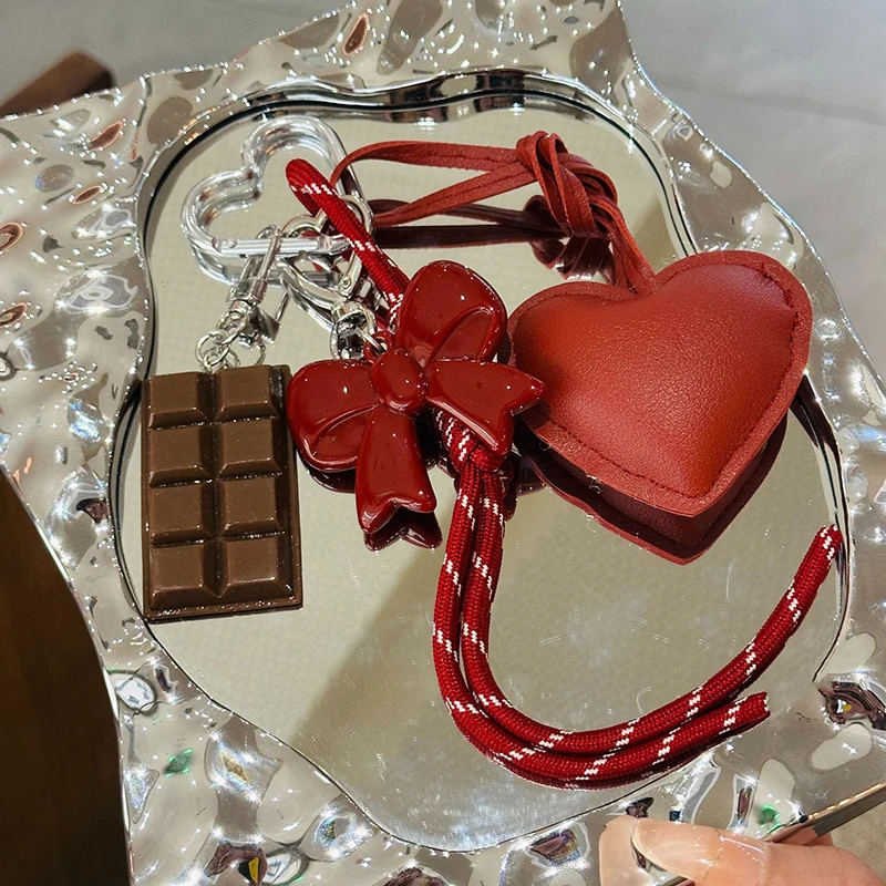INS Style Kawaii Korea Trendy Heart Leather Keychain Bag Package Decor Chocolate Pendant Accessories Creative Key Chain Trendy