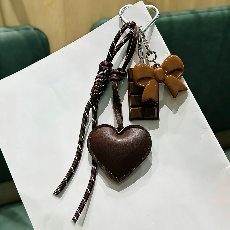 INS Style Kawaii Korea Trendy Heart Leather Keychain Bag Package Decor Chocolate Pendant Accessories Creative Key Chain Trendy