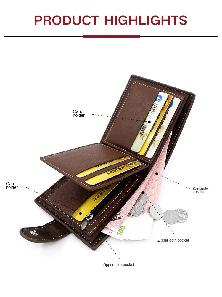 Men's Business Wallet High Quality PU Leather Credit Card Holder Case Male Short Zipper Coin Pocket Purse Money Bag with Hasp