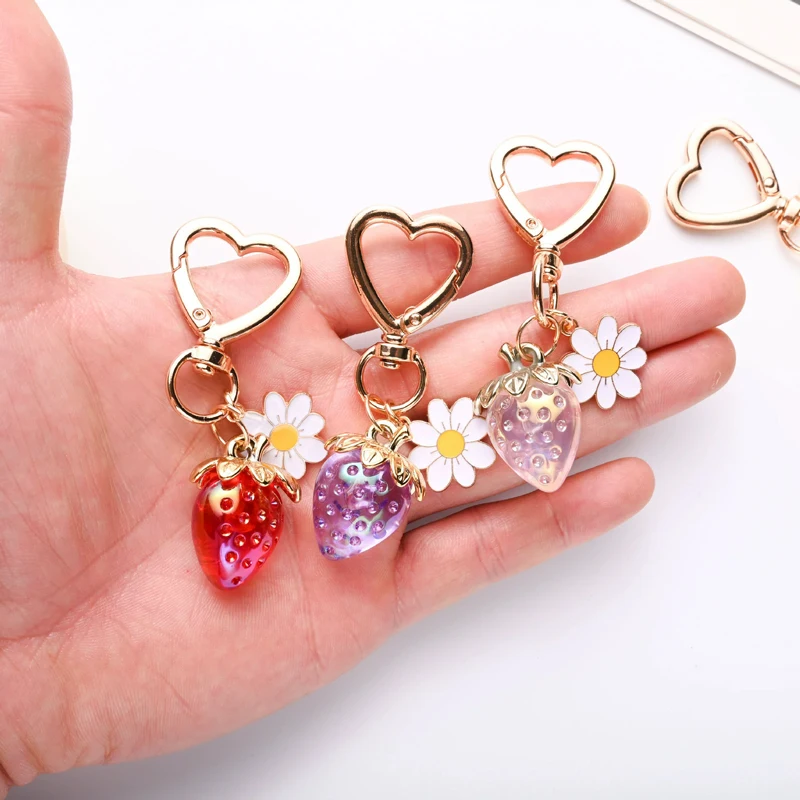 Cute Strawberry Keychain,cherry Bag Charms,Heart Flower Key chains Accessories Decor for Girls Purse Gifts Bag Pendant
