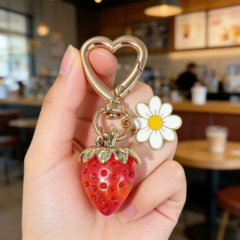 Cute Strawberry Keychain,cherry Bag Charms,Heart Flower Key chains Accessories Decor for Girls Purse Gifts Bag Pendant