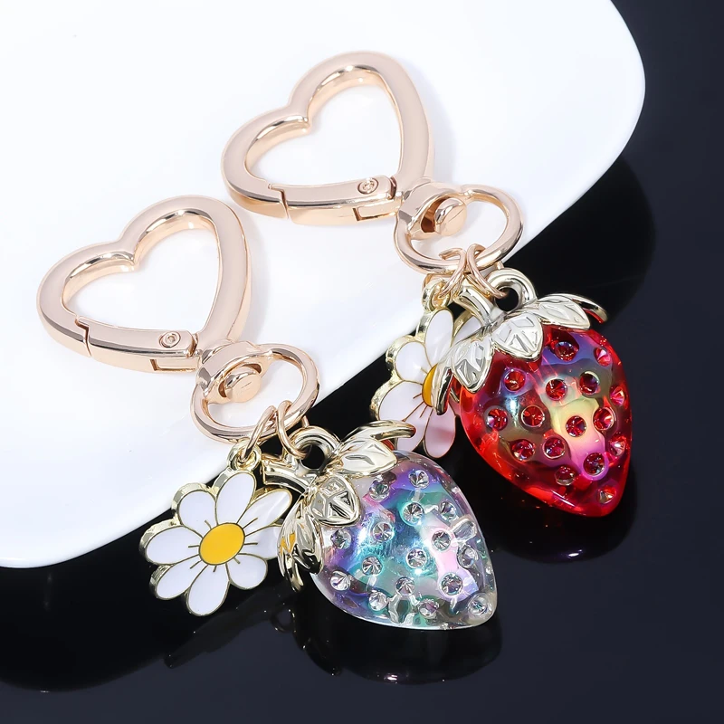 Cute Strawberry Keychain,cherry Bag Charms,Heart Flower Key chains Accessories Decor for Girls Purse Gifts Bag Pendant
