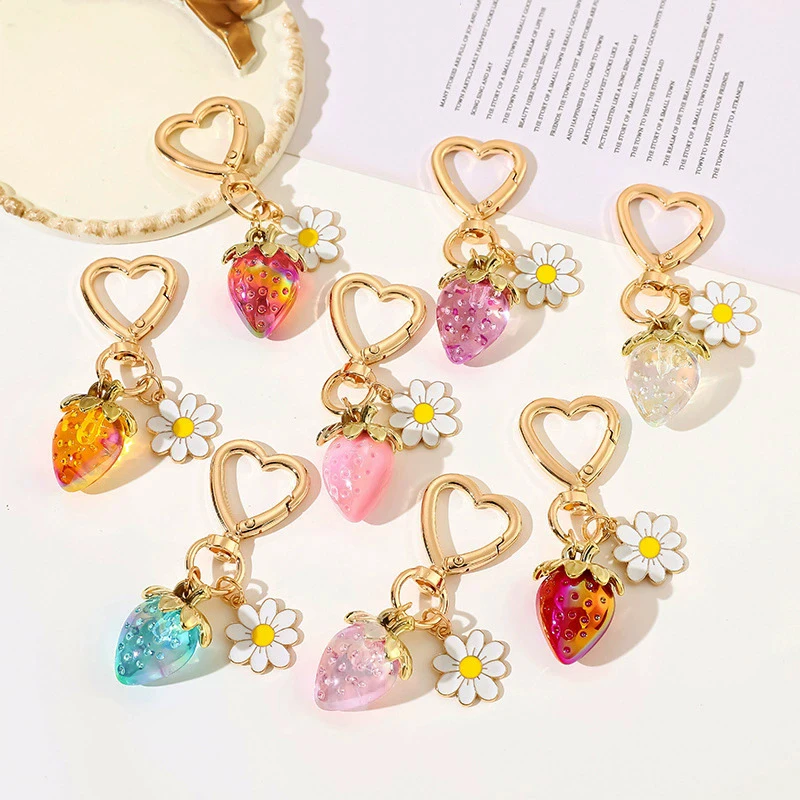 Cute Strawberry Keychain,cherry Bag Charms,Heart Flower Key chains Accessories Decor for Girls Purse Gifts Bag Pendant