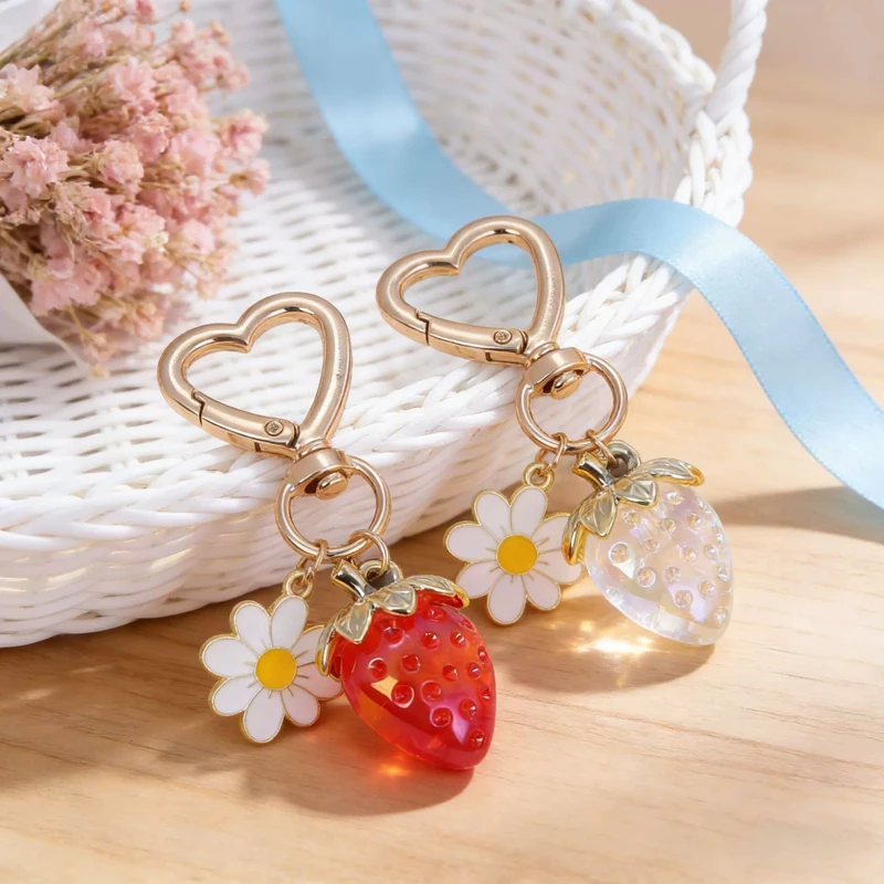 Cute Strawberry Keychain,cherry Bag Charms,Heart Flower Key chains Accessories Decor for Girls Purse Gifts Bag Pendant