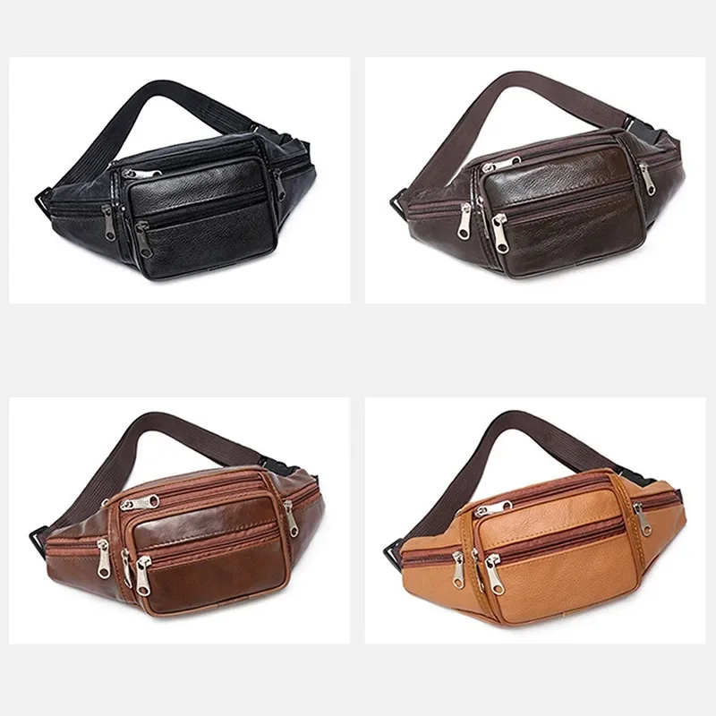 Men's Top-Grain Cowhide Genuine Leather Fanny Pack Multi-Pocket Casual Crossbody Waist Bag for Outdoor Travel And Daily Use