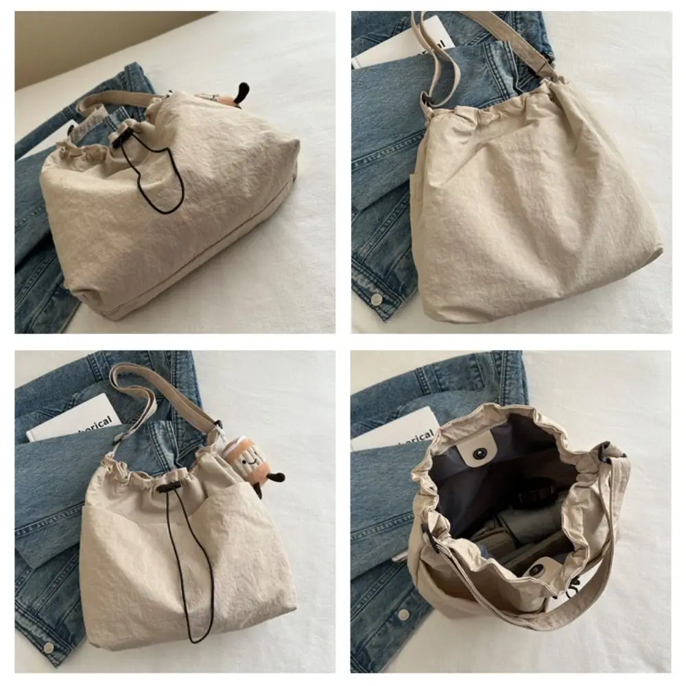 Fashion Travel Casual Nylon Tote Bag Drawstring Shoulder Bag Large Capacity Waterproof Crossbody Bucket Bag Women