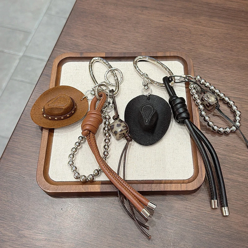 Lucky Cowboy Hat Keychain Pendant Handmade Braided Rope Faux Leather Charm Good Fortune Blessing Decor For Car Keys Bag Purse